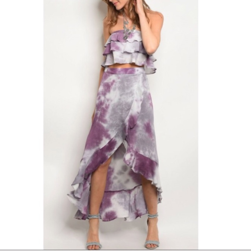 LAST Tie Dye Ruffle Crop Top Hi Low 2pc Skirt Set - Picture 3 of 6